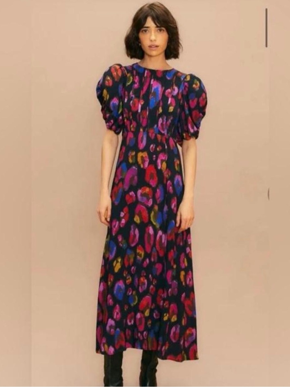 Puff-Sleeve Multi-Color Printed Maxi Dress
